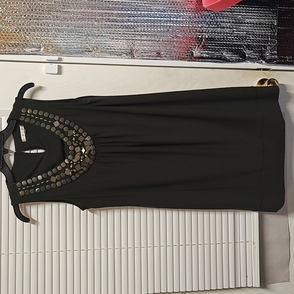 Sandra Darren Dark Green Dress with Metallic Accents - Picture 1 of 6